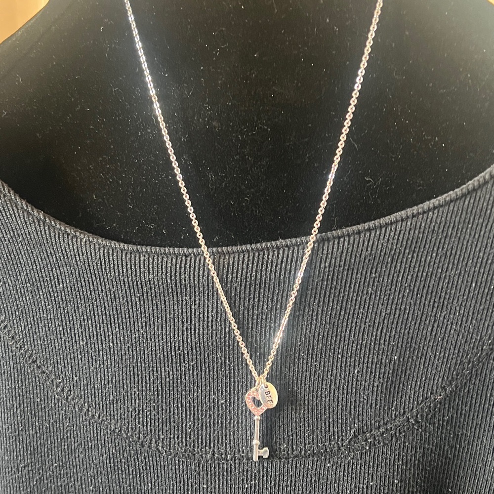 Silver-Tone chain necklace with a key featuring a heart and a BFF charm